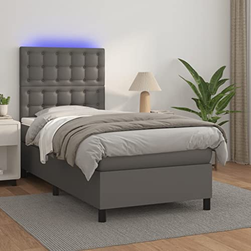 Owoxanthellate Boxspringbett mit Matratze & LED 90x200 cm Grau Kunstleder Höhenverstellbares Kopfteil Taschenfederkern für Schlafzimmer Gästezimmer Jugendzimmer modern und langlebig