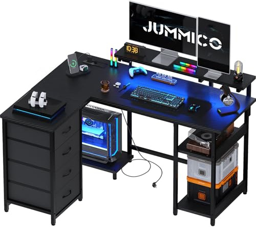 JUMMICO Scrivania Angolare L 135cm Luci LED Ripiani Portaoggetti Nero | Scrivania Gaming Prese Di Corrente e Porte USB, Scrivania Ad Angolo Reversibile Con Cassetti In Tessuto, Per Ufficio