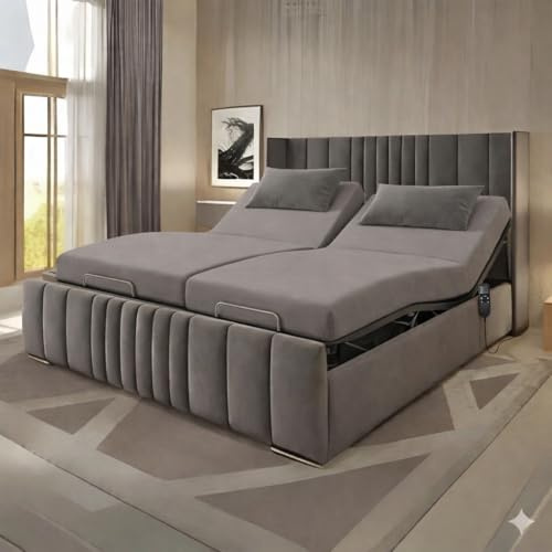 Dannys Electric Adjustable Winged Mobility Velvet Rest full Sleep Bed With Headsboard And Mattress UK (Black Plush, 4ft 6in Double)