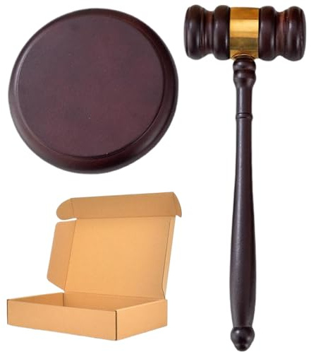 Mazo de madera natural de 9, 65 x 3, 43 pulgadas con bloque redondo de 4, 72 pulgadas, color marrón rojizo, y juego de bloques de sonido para juez, abogado, subasta, tribunal y estudiante.