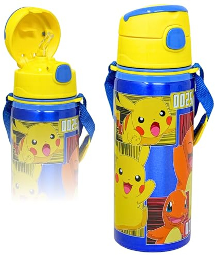 Botella de Agua Infantil Niño para Pokemon Fan - Cantimplora Aluminio 600ml con Pajita y Correa (3-10 Años) - Antigoteo, Sin BPA, con Etiqueta Nombre - Ideal Colegio y Guardería