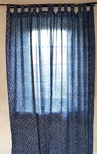 GURU SHOP Boho Vorhänge, Gardine (1 Paar) mit Schlaufen, Handbedruckter Ethno Style Vorhang - Indigo Druck, Blau, Baumwolle, 250x100x0,2 cm, Dekovorhänge