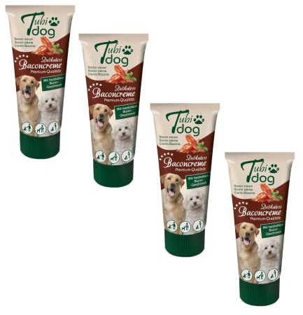 TubiDog Delikatess Baconcreme | 4er Pack | 4 x 75 g | Leckerli für Hunde | Leckerer, herzhafter Bacon-Duft und Geschmack | Gute geeignet beim Hundesport oder Hundetraining