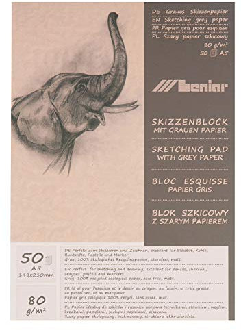 Honsell 31220 - Graubrauner Skizzenblock, 80 g/m², DIN A5, 50 Blatt, aus 100 Prozent ökologischem Recyclingpapier mit rauer Oberfläche, zum Zeichnen und Skizzieren