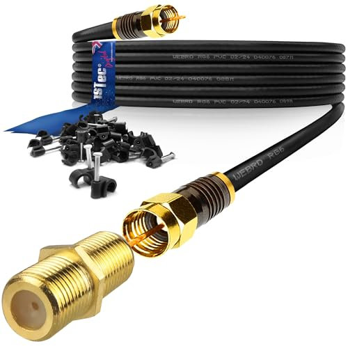 1STec 7m Long Black Gold Plated Male to Male Super Fast Virgin Media Webro RG6 Extension Cable with Female Joining Coupler for V6 TIVO Set Top Box or VIVID Fibre Super Hub Broadband Modems 7 Metre