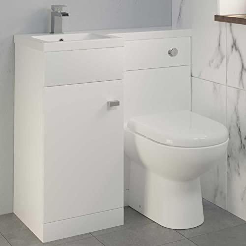 AURORA 900mm L Shape Bathroom Vanity Sink Unit Furniture Storage, Left Hand White Gloss Vanity Unit + Basin + Ceramic D Shaped Toilet with Concealed Cistern