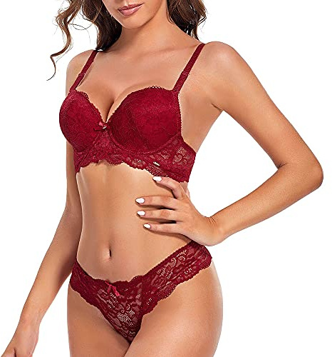 SHEKINI Damen BH Set BH Und String Spitze Trägerloser Abnehmbare Träger Push Up Bügel BH Unterwäsche Lingerie Tanga Dessous Sets(rot,36/80B)