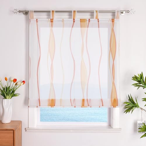 ESLIR Raffrollo mit Schlaufen Gardinen Küche Raffgardinen Transparent Schlaufenrollo Vorhänge Mit Wellen-Druck Modern Voile Orange BxH 120x140cm 1 Stück
