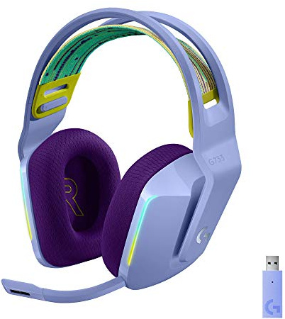 Logitech G733 Lightspeed Wireless Gaming Headset with Suspension Headband, LIGHTSYNC RGB, Blue VO!CE mic Technology and PRO-G Audio Drivers - Lilac