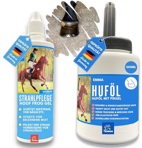 EMMA Huföl Pferd mit Hufpinsel & Strahlmittel I Huffett Pferde I Strahlfäule Pferd Mittel I Huföl Pferde mit Pinsel gegen trockene Hufe & Huffäule Pferd Huffestiger Pferd Hufbalsam Pferd 0,48L 0,1l