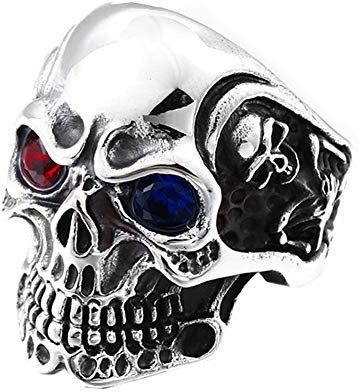 PAURO Herren 316l Edelstahl Titan Stahl Geister SchäDel Kopf Ring FüR Punk Biker Hochzeit Silber with Rot und Blaues Auge Größe 57 (18.1)
