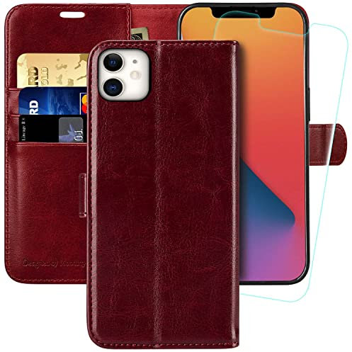 MONASAY Wallet Case for iPhone 12 Pro/iPhone 12 5G,6.1-inch[Glass Screen Protector Included] [RFID Blocking] Flip Folio Leather Cell Phone Cover with Credit Card Holder for iPhone 12/12 Pro,Burgundy