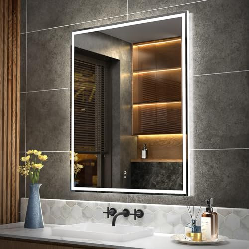 KWW 80 x 100 cm LED Badezimmer Eitelkeitsspiegel, Anti-Nebel Dimmbare Lichter, Horizontal/Vertikal Wand Montiert Make-up Spiegel mit Smart Touch Button