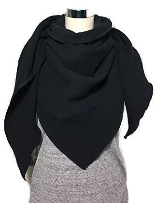 Musselintuch Schwarz Uni Schal dünn Dreieckstuch Halstuch Damen XXL Wickelschal Tuch Stola Handmade Schal einlagig