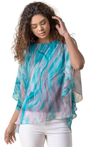 Roman Originals Overlay Top for Women UK - Ladies Summer Blouse Spring Everyday Holiday Autumn Work Winter Round Neckline Comfy Pull-On Soft Vacation 3/4 Length Sleeves - Turquoise - Size 20