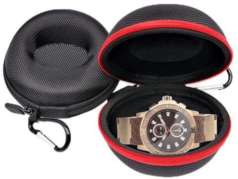 LTHERMELK 2 Stück Uhrenetui mit Karabiner, Runde Portable Single Watch Travel Case Uhrenbox mit Reißverschluss und gepolstertes, Eva Uhr Fall für Holding Armbanduhren und Smart Watch (Schwarz, Rot)