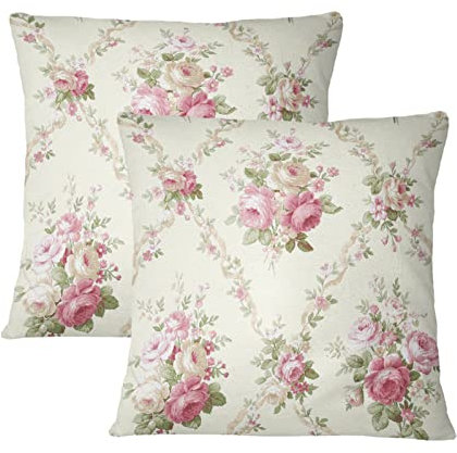 Vintage Floral Throw Pillow Covers Set of 2 Pink Rose Flowers Leaf Pillow Cases Shabby Chic Couch Cushion Cover for Sofa Bedroom Living Room, 18 x 18, Beige Pink