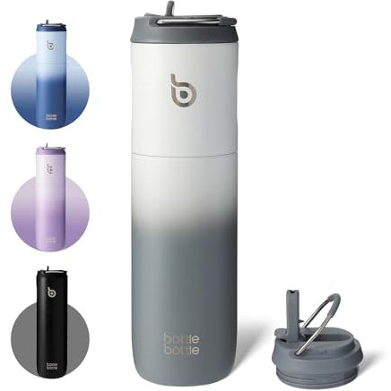 Bottle Bottle Insulated Water Bottle 700ml(24oz) with Straw and Lid Stainless Steel Sports Water Bottles Metal Drink Flask with Handle for Man and Women (White Gray)
