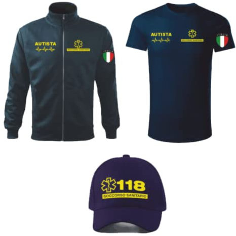 ZENA Completo Felpe t-shirt cappello SOCCORRITORE INFERMIERE AUTISTA SOCCORSO AMBULANZA 112 118 MEDICO OSS (BLU AUTISTA SOCCORRITORE, XL)