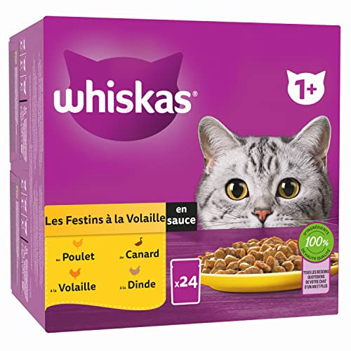 WHISKAS Repas pour Chat Adulte - 48 Sachets Fraîcheur (Lot de 2 Packs 24x85g) - Festins à la Volaille (4 saveurs) - Pâtée en Sauce. Nourriture Humide Complète Adaptée aussi Chats Stérilisés
