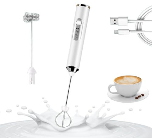 SANON Elektrischer Milchaufschäumer, Handheld-Milchaufschäumer, USB wiederaufladbar Aufschäumer, Elektrisch Milchaufschäumer Stab mit 2 Edelstahl-Schneebesen 3 Geschwindigkeiten