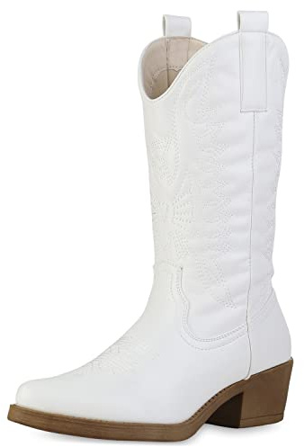 VAN HILL Damen Stiefel Cowboystiefel Stickereien Schuhe Spitze Holzoptikabsatz Western Boots Freizeitschuhe 211607 Weiss 36