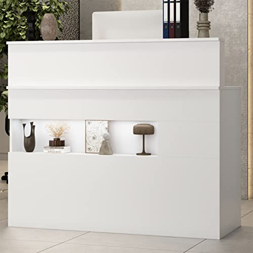 Comptoir de réception 120cm avec tiroir verrouillable avec Lumière à LED | Bureau de d'accueil avec Rangement Table de réception pour Klinik Salon Lobby Magasin Blanc 120x50x100cm
