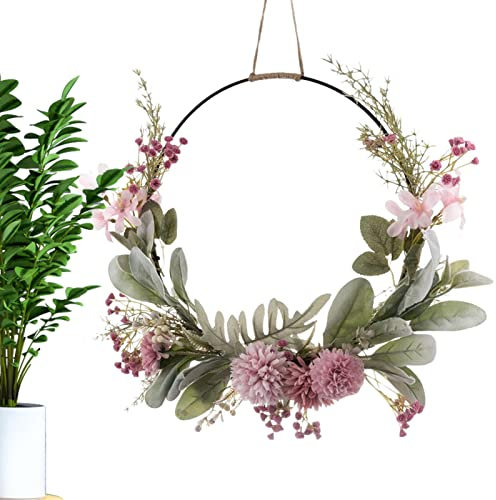 Sysdisen Frühlingskranz, Türblumenkranz, rosa lila Reifenkranz, Blumenreifenkranz, Sommerkranz für Haustür im Freien, Bunte Blumenhaustürkränze, Orchidee, Chrysantheme, Löwenzahn, Gypsophila
