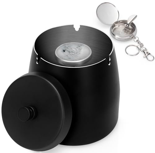 Yurblax Cenicero con Tapa Metalico [Más Grande, 10 * 10 * 9 cm] Cenicero Exterior Antiolores Antiviento, Cenicero de Escritorio con Cenicero Portatil, para Jardín, Oficina, Hogar, Negro