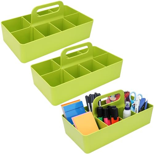 BELLE VOUS (3er Pack Kunststoff Schreibtisch Organizer Grün mit Griff - 17 x 33 x 8 cm - Tragbarer Organizer Schreibtisch Stiftehalter mit 8 Fächern für Schreibwaren, Stifte, Bleistifte & Bürobedarf