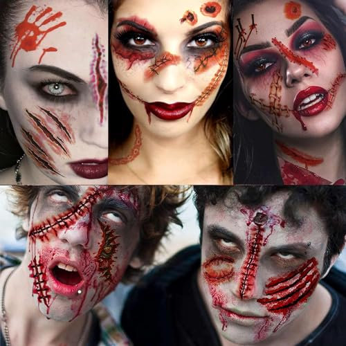 300+ Halloween Tattoo Narben,30 Blätter Halloween Wunden Scars Realistische Motive Aufkleber Wasserdichte Temporäre Tattoos,Gesicht Aufkleber mit gefälschten Scab Blut Spezial Fx Kostüm Makeup Stützen