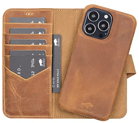 Solo Pelle Lederhülle kompatibel für iPhone 15 Pro in 6.1 Zoll abnehmbare Hülle (2in1) inkl. Kartenfächer für das original Apple iPhone 15 Pro (Vollleder Camel Braun)