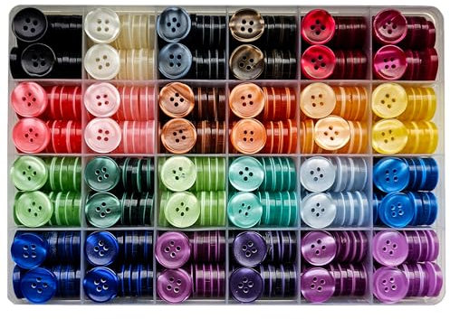 24 Farben Knöpfe Set - Größe: 15 mm 24L - 480 Stück mit runden 4-Loch Knopf aus Kunstharz Perlglanz in praktischer Aufbewahrungsbox