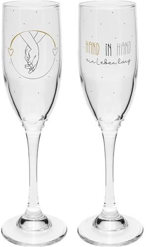GRUSS & CO Sektglas Set mit Spruch Hand in Hand | Geschenkset aus 2 Sektgläsern mit Motivdruck, in Geschenk-Banderole verpackt | Hochzeitstisch, Geschenk für Paare | 48632