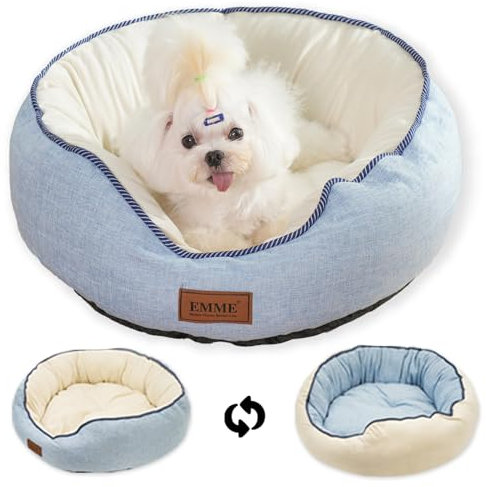 EMME Hundebett Kleine Hunde, Beidseitig begehbares Hundebettsofa, wasserdichte Katzenbetten, Rundes Mittelgroßes Hunde-Katzen-Bett in Allen Jahreszeiten, 50 x 50 x 15 cm, Blau