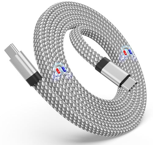 Magtame USB C to C 60W(3A) 5ft Coiled Flat Nylon Braided Type C Fast Charging Cable for USB C Devices, Samsung Galaxy, Silver
