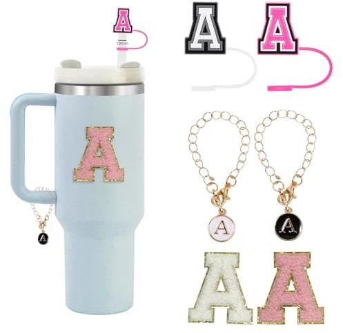 Stanley Cup Letter Zubehör, Silikon-Trinkhalm-Abdeckkappenaufsätze, selbstklebender Chenille-Buchstaben-Aufnäher, Anfangsbuchstabe Hydro für Stanley 30, 1,2 l Trinkgläser, Griffdekoration (A), 6 Stück