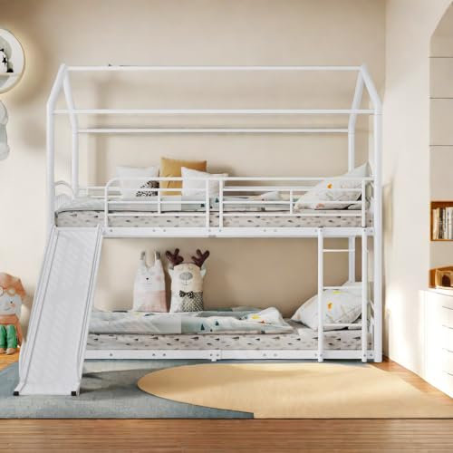 Lit Cabane Enfants 90x200 Superposé Double Simple, Protection Anti-Chute, Escalier, Maison avec Toboggan pour Adolescent