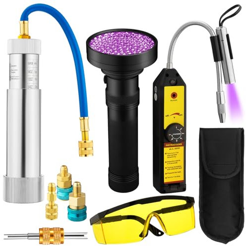 HFGVBDNE Kit de Detector de Fugas de CA, Aceite UV Tinte refrigerante Detector de Fugas Lado bajo acoplador rápido Mini Adaptador Dividido Gafas Linterna Compatible con R1234yf R134a R410 (clásico)