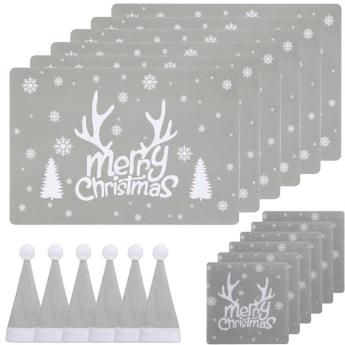 18 PCS Christmas Placemats Table Mats Set Place Mats for Table Christmas Felt Placemat Heat Resistant Mat Suitable for Christmas Table Decoration 6*Placemats+6*Coasters+6*Wine Bottle Caps