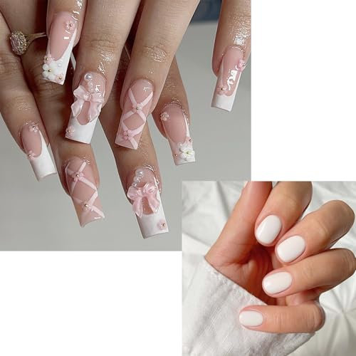 SanFangyue Press on Nails, 48 Pezzi Unghie Finte Bianco Acrilico, Unghie Artificiali con Disegni Lucide, Incluso Lunghi Unghie Finte French, Set Unghie Finte per Donna e Bambina