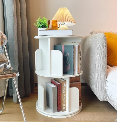 Heehee Massivholz Drehbares Bücherregal, 360-Grad-Display bodenstehendes Lagerregal für Kinder und Erwachsene multifunktionaler Bücherregal-Organizer (2-Stöckig-Weiß)