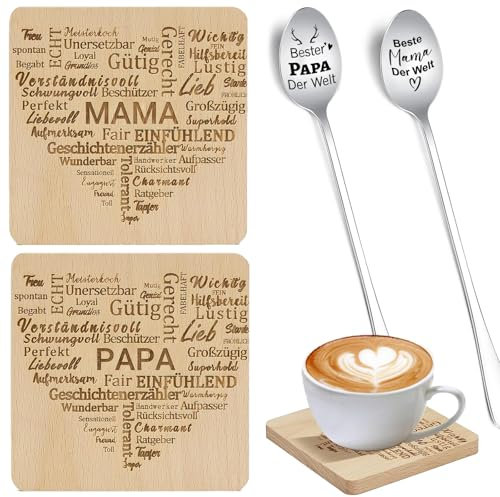 Kaffeelöffel mit Gravur,2 Stücke Untersetzer Holz,Geschenke für Mama Papa,Beste Mama und Papa Der Welt,Geschenke für Mama und Papa Beste Mama und Papa für Geburtstagsgeschenk