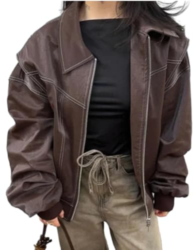 ORANDESIGNE Veste de Motard Surdimensionnée en Similicuir pour Femme Leather Blazer Manteau Fermeture éclair Oversize Jacket Veste Bomber en Cuir