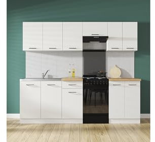BLACK RED WHITE Küchenzeile Junona Line 230 cm mit Arbeitsplatte in Kreidenhochglanz - Weiß, 3,2/1,6 cm Stark, bestehend aus Unter- und Oberschränken