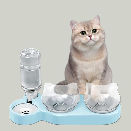 3-In-1 Cat Food And Water Bowl Set, Tilted 15° Bowl,Cat Bowl with Gravity Feeder, Easy to Clean, Cats and Puppies Food and Water Feeding (Blue)