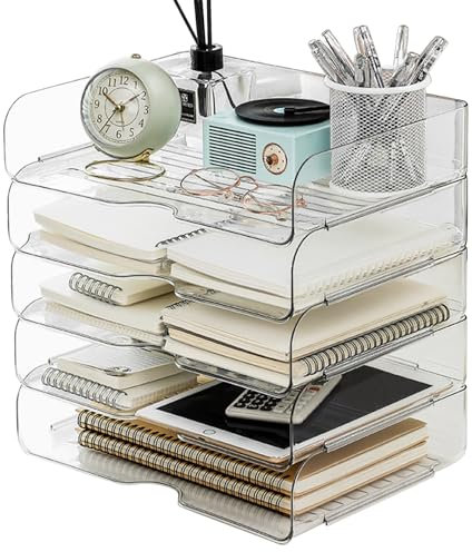 Whemyreat Bandeja para cartas de 4 pisos, transparente, de acrílico, apilable, para A4, robusta y apilable, bandeja para documentos de plástico PET, para casa, oficina, escuela, 33 x 25 x 7 cm
