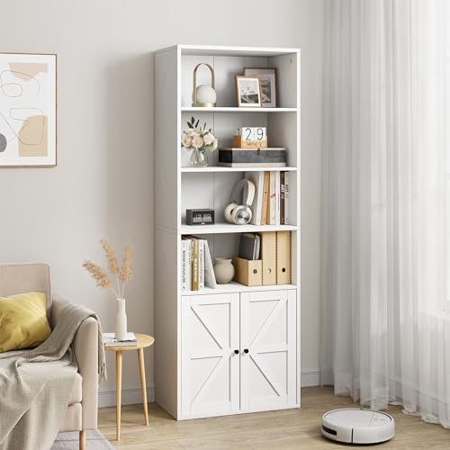 OPULENTHOME Bücherregal Weiß 6 Ebenen, Bücherregal mit Türen,30cm Tief Bücherschrank Offenes Mit Kippschutz-Kit, für Schlafzimmer, Wohnzimmer, Büro 60x30x181cm