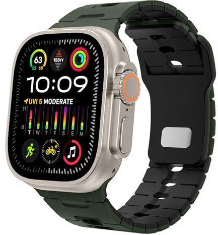 TiMOVO Banda sportiva Compatibile con Banda per Apple Watch 49mm 46/45/44/42mm per donne uomini, cinturino in silicone per iWatch Ultra 2/Ultra/Series 10/9/8/7/6/5/4/3/2/1/SE 2/SE, Verde Scuro&Nero