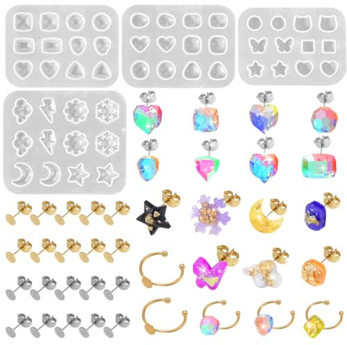 4 Moules Silicone Resine D'oreilles, Moule Silicone Boucles Doreilles Coeur, Moule Bijoux Resine UV Peuvent Fabriquer Des Bijoux, Des Boucles D'oreilles, Dbagues de Différentes Formes DIY